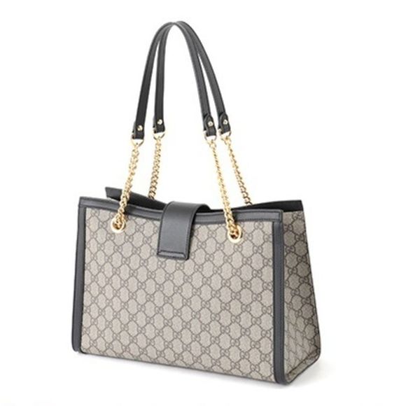 Gucci Shoulder Bag Stripe Canvas Calfskin Leather Beige Black - Picture 3 of 3